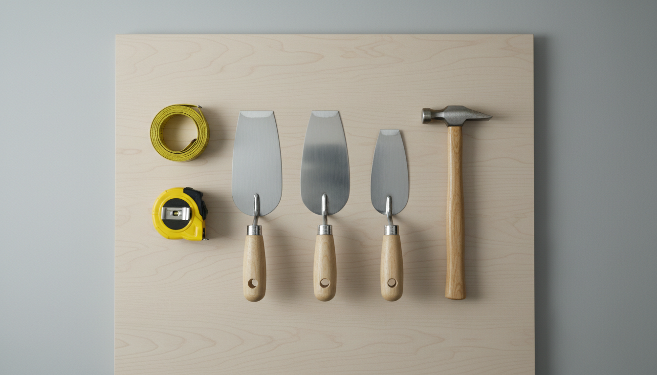 A precisely aligned assortment of professional tools—gleaming stainless steel trowels, a smooth wooden-handled hammer, and a new, crisp yellow measuring tape—arranged on a finely grained, neutral-toned workbench. The backdrop is an uncluttered, pale gray wall, reinforcing the corporate and clean aesthetic. Soft, even artificial lighting overhead creates modest shadows and reflective glints, accentuating material textures. The composition is centered, shot from a bird's eye view to emphasize order and symmetry. The mood is productive and capable, reflecting the professional personality of the online store, while the photographic style is crisp, modern, and structured, aligning perfectly with the site’s identity.